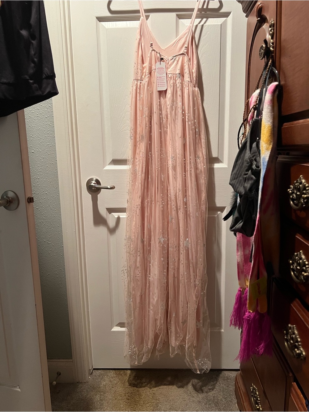 Delicate Pink Maxi Dress with Sheer Sparkle